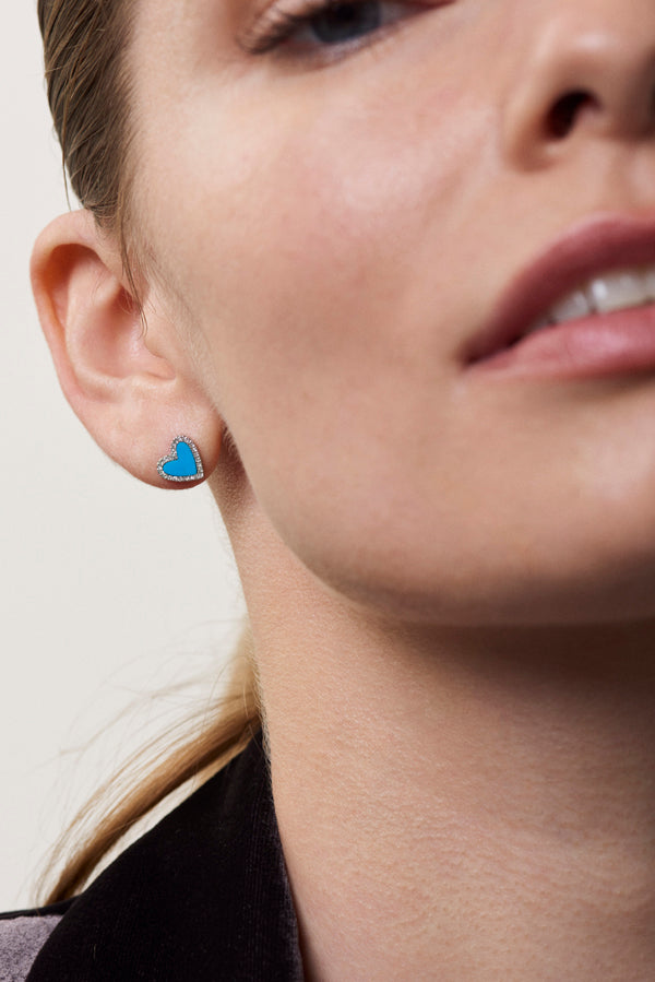 Diamond Blue Enamel Heart Stud Earrings