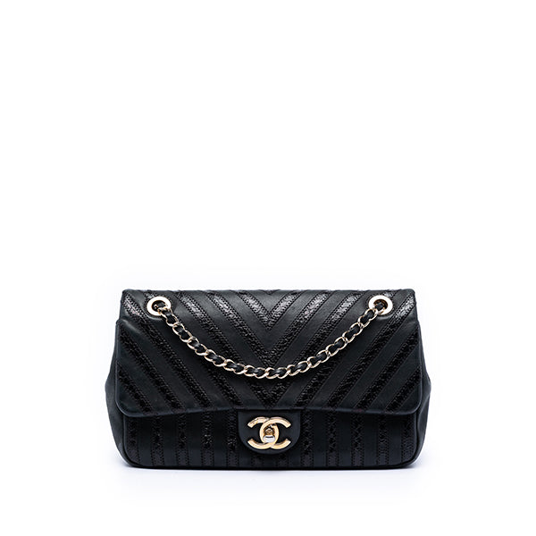 Chevron Python Embossed Calfskin and Suede Single Flap