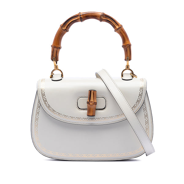 Calfskin Frame Print Bamboo Top Handle Bag