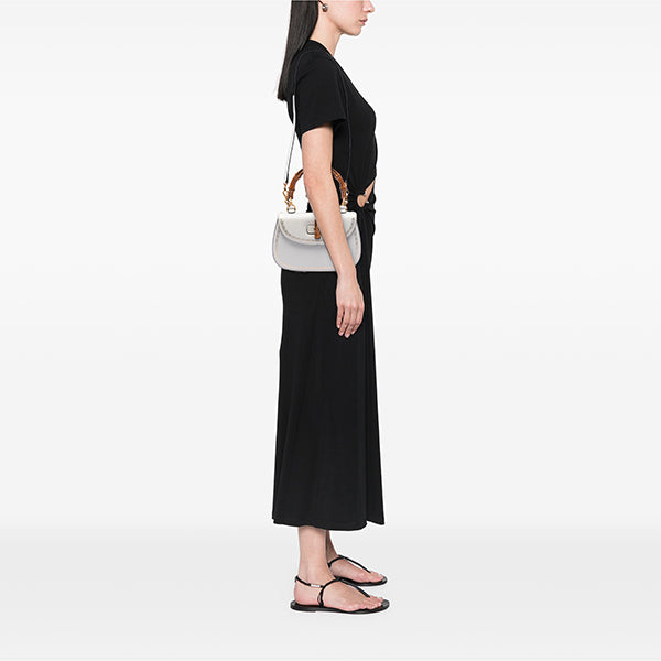 Calfskin Frame Print Bamboo Top Handle Bag