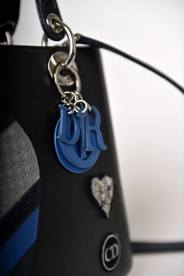 Calfskin Embroidered Valentines Day Heart Blue Black Medium Lady Dior