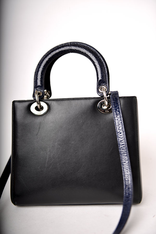 Calfskin Embroidered Valentines Day Heart Blue Black Medium Lady Dior