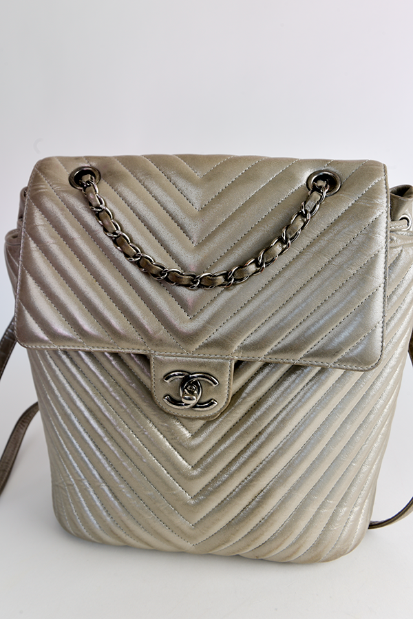 Iridescent Calfskin Chevron Quilted Large Urban Spirit Backpack Silver