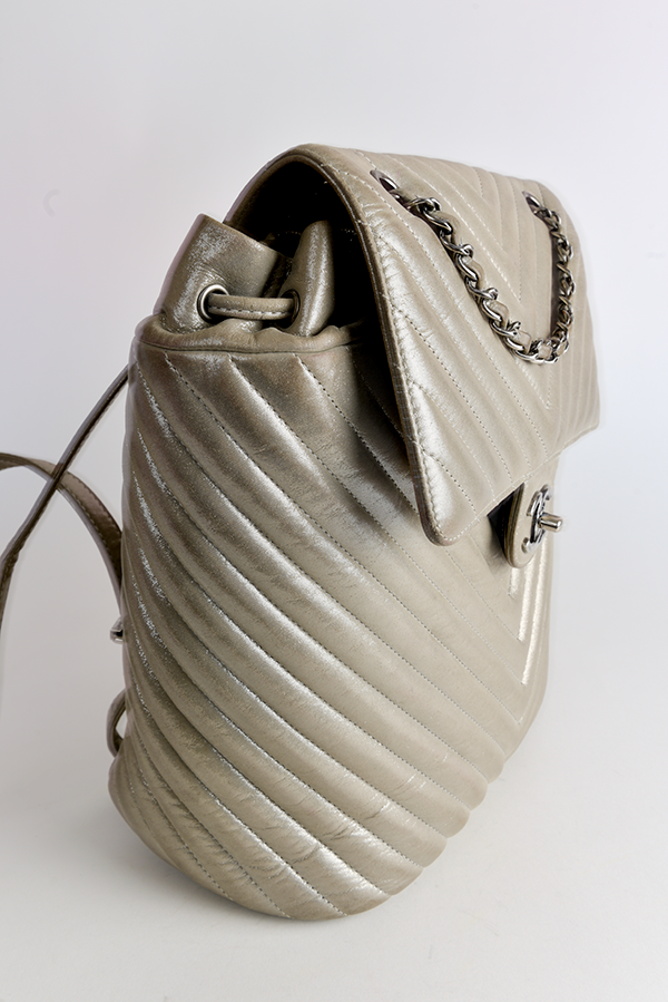 Iridescent Calfskin Chevron Quilted Large Urban Spirit Backpack Silver