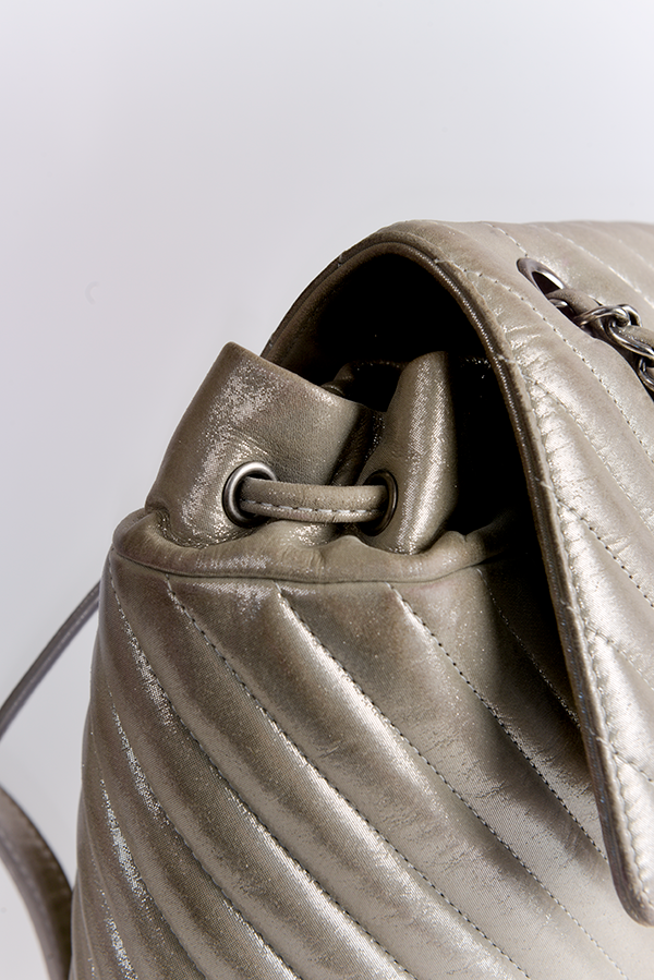 Iridescent Calfskin Chevron Quilted Large Urban Spirit Backpack Silver