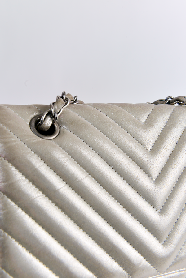 Iridescent Calfskin Chevron Quilted Large Urban Spirit Backpack Silver