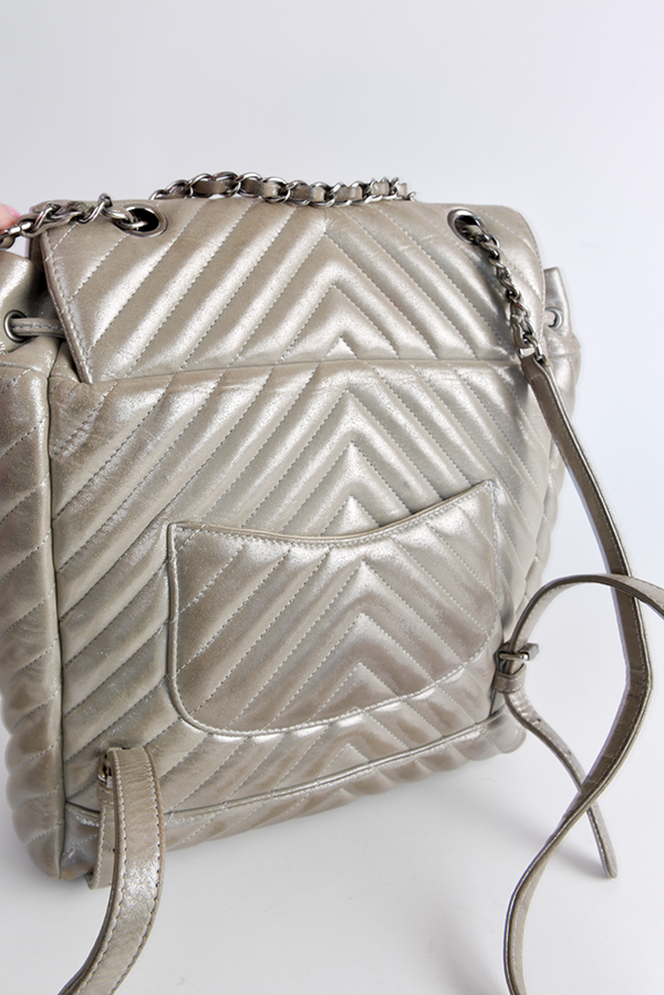 Iridescent Calfskin Chevron Quilted Large Urban Spirit Backpack Silver