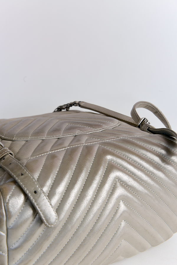Iridescent Calfskin Chevron Quilted Large Urban Spirit Backpack Silver