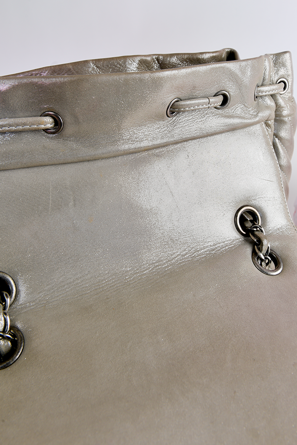 Iridescent Calfskin Chevron Quilted Large Urban Spirit Backpack Silver