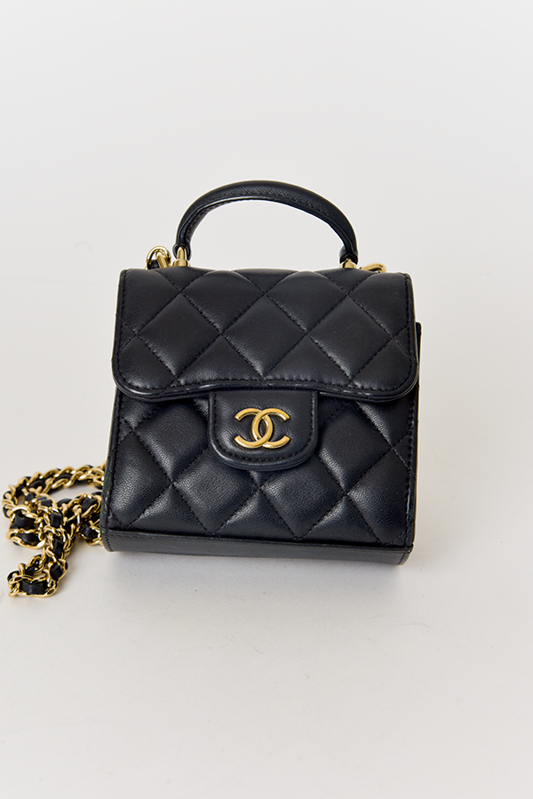 Lambskin Quilted Top Handle Flap Clutch With Chain Black