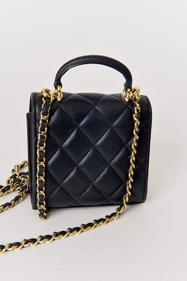 Lambskin Quilted Top Handle Flap Clutch With Chain Black