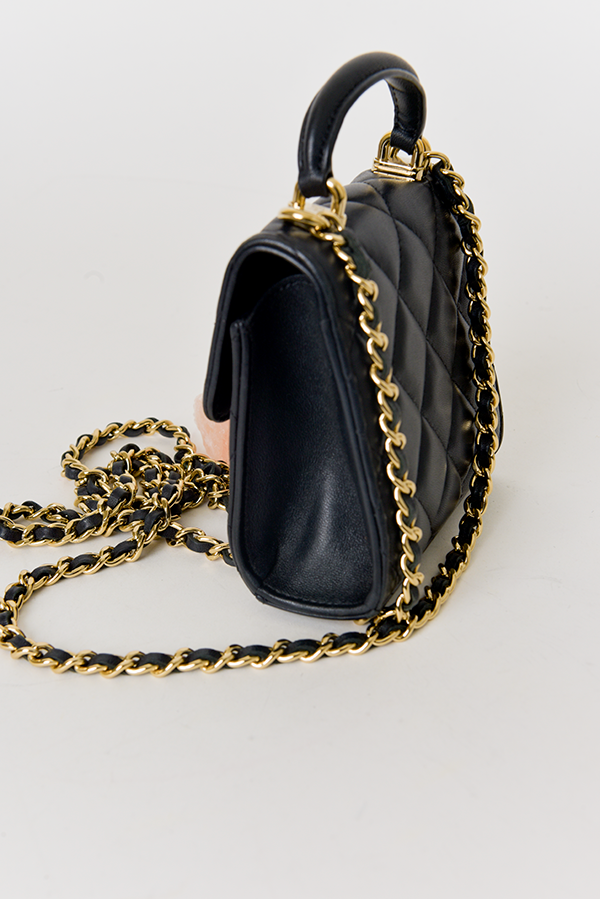 Lambskin Quilted Top Handle Flap Clutch With Chain Black