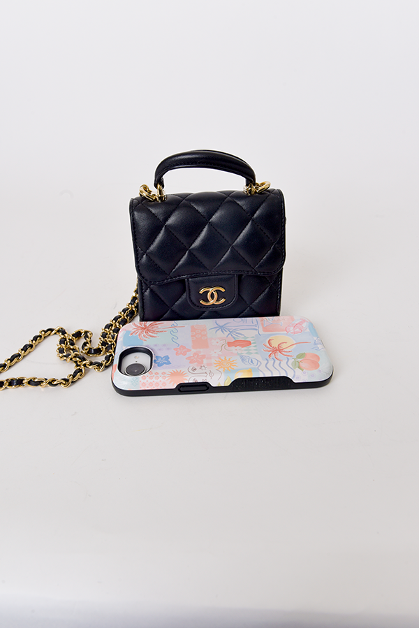 Lambskin Quilted Top Handle Flap Clutch With Chain Black